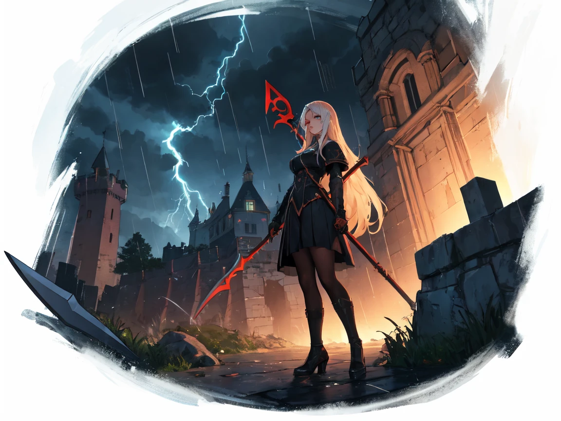 dark castle, horizon, night, rain, lightning, storm, dungeon, catacomb, dark, a woman with long hair in a combat stance looking at the castle on the horizon in a simple, tight-fitting outfit, holding a scythe,