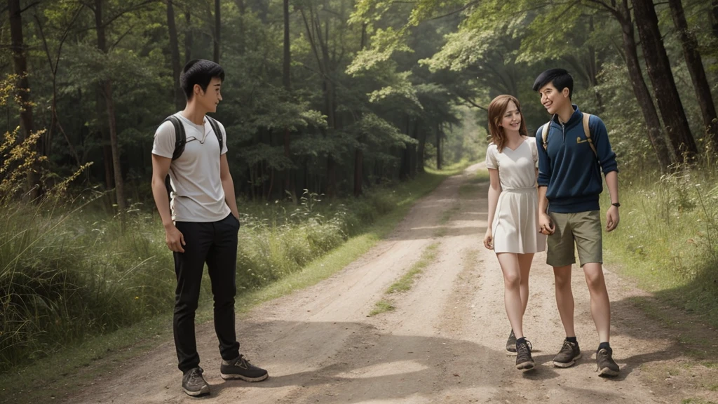 Emma Watson and a young Adult Chinese male in full body shot is standing in the forest smiling with road and grass at the land and looking at the camera. They are wearing hiking clothes