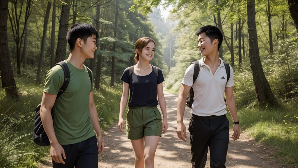 Emma Watson and a young Adult Chinese male in full body shot is standing in the forest smiling with road and grass at the land and looking at the camera. They are wearing hiking clothes
