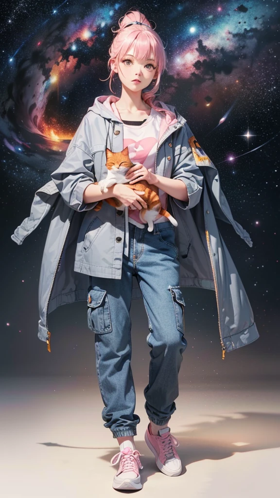(((Holding a cute orange bantam cat in both hands))),((Highest quality,masterpiece,Full frontal view of a super mature and tall beauty,Air bangs,Blue gray high ponytail super long straight hair,Slightly curly hair on double sideburns,Hair ends curled in,Gray and pink short T-shirt,Light blue denim gray hooded jacket,Black and gray long and wide cargo pants,Pink and white sneakers,Show one collarbone)),(((Look at the camera head-on))),starry sky galaxy background