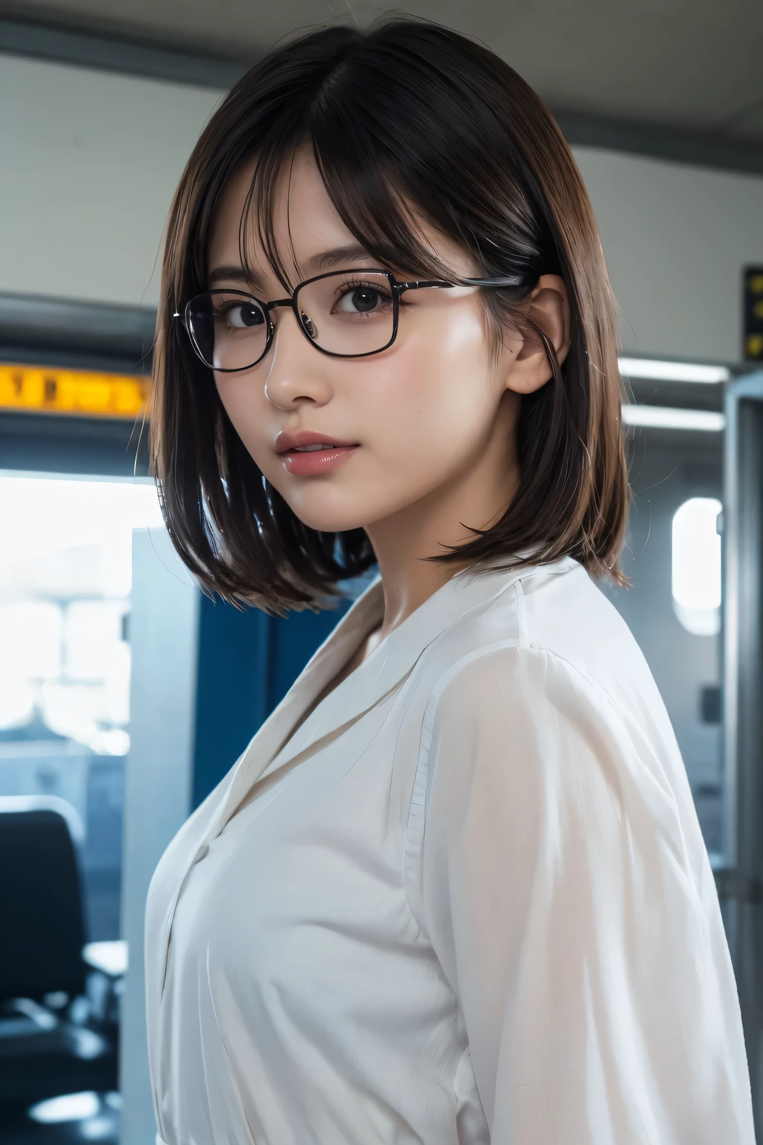 (8K、Raw photo、Highest quality、masterpiece:1.2)、(Realistic、Photorealistic:1.37)、Ultra-detailed、Ultra-high resolution、1 girl、Seeing the viewer、Beautifully detailed face、Laughter、narrow、(Slim waist) :1.3)、shortcut、Beautifully detailed skin、Skin Texture、Floating Hair、Professional Lighting、Waiting for the train on the platform、Black-rimmed square glasses 、Human whole body、Brown Hair、No sleeve