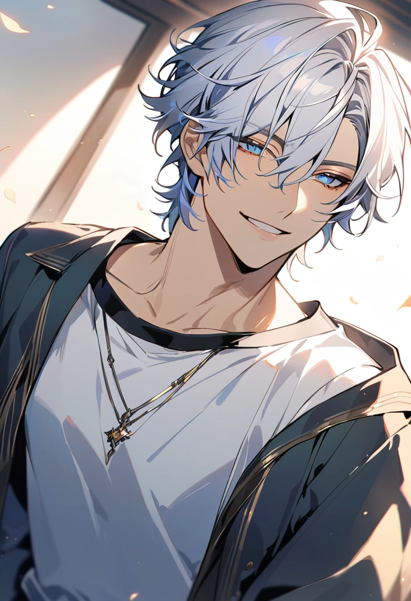 Handsome, solo, 1 male, short hair, gold eyes, white hair, smile facial, ((shirt)), blue eyes, загадочное выражение лица, (((загадочная улыбка)))