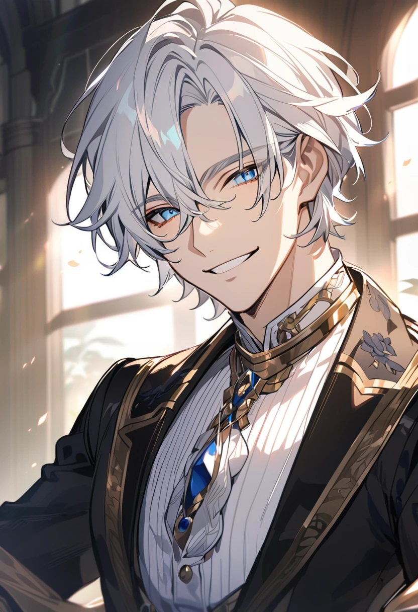Handsome, solo, 1 male, short hair, gold eyes, white hair, smile facial, ((shirt)), blue eyes, загадочное выражение лица, (((загадочная улыбка)))