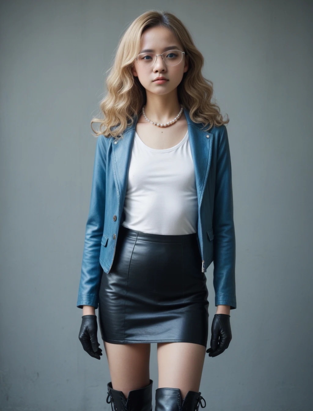 score_9, score_8_up, score_7_up, score_6_up, source_real, raw, photo, realistic, photograph, solo, pale skin, asian girl, blonde hair, small breasts, slim body, wavy hair, blue eyes, glasses, white pearl necklace, white shirt, blue leather jacket, blue pencil skirt, black leather gloves, black leather thigh boots, expressionless, standing still, detailed face