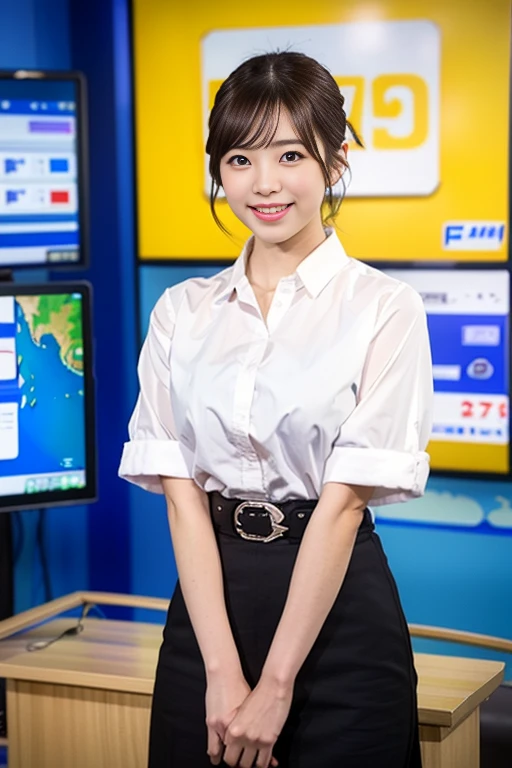 (A beautiful Japanese weathercaster lady, age 28, wearing formal White shirt with buttons & cyan pencil skirt, in a news studio setting, friendly and feminine expressions, kind smile, dimpled chins, cute snaggle-tooth, short bob hair ponytail, symmetrical face, realistic detailed face, beautiful detailed eyes, perfect body proportions, ample round bosoms, photorealistic, hyper-realism, high contrast, ultra HD, realistic skin textures, top image quality, top-quality, super high resolution, fine details, very meticulously, masterpiece, head to knees, serene ambience, The_Cowboy_Shot, bokeh background)