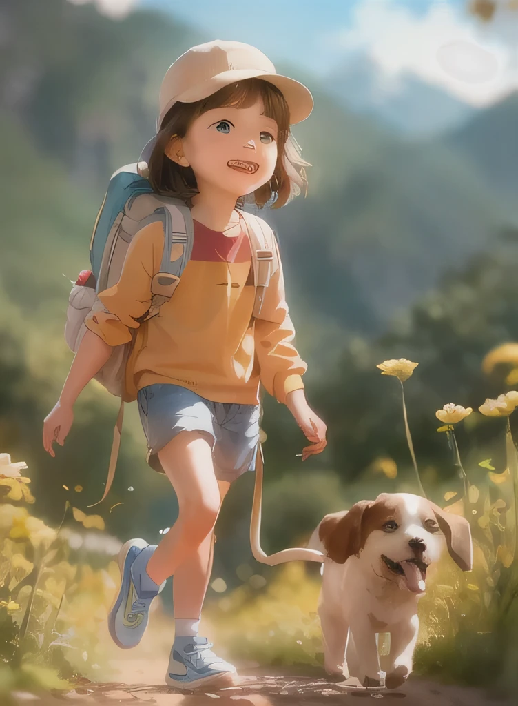 Prompt: An incredibly charming  carrying a backpack, accompanied by her adorable puppy, enjoying a lovely spring outing surrounded by beautiful yellow flowers and natural scenery. The illustration is in high definition at 4k resolution, with highly-detailed facial features and cartoon-style visuals.
