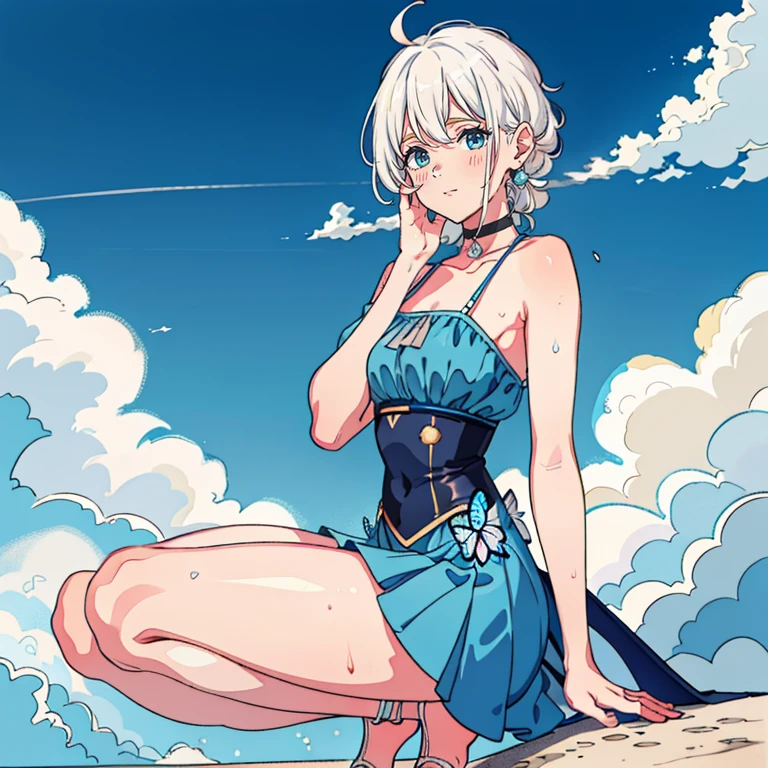1 ,Blue Pupil,toenails,hand on own face,White hair,sky blue eyes,(blush:1.1),choker,blue sky,lesbian full body,shivering,sweat,Gotas de sweat,dream magical,(speed line:1.1),medium breasts, ((rough breathing:1.3)), cure, butterfly earrings, top cut, pleasure, loud and cold,high quality 4k