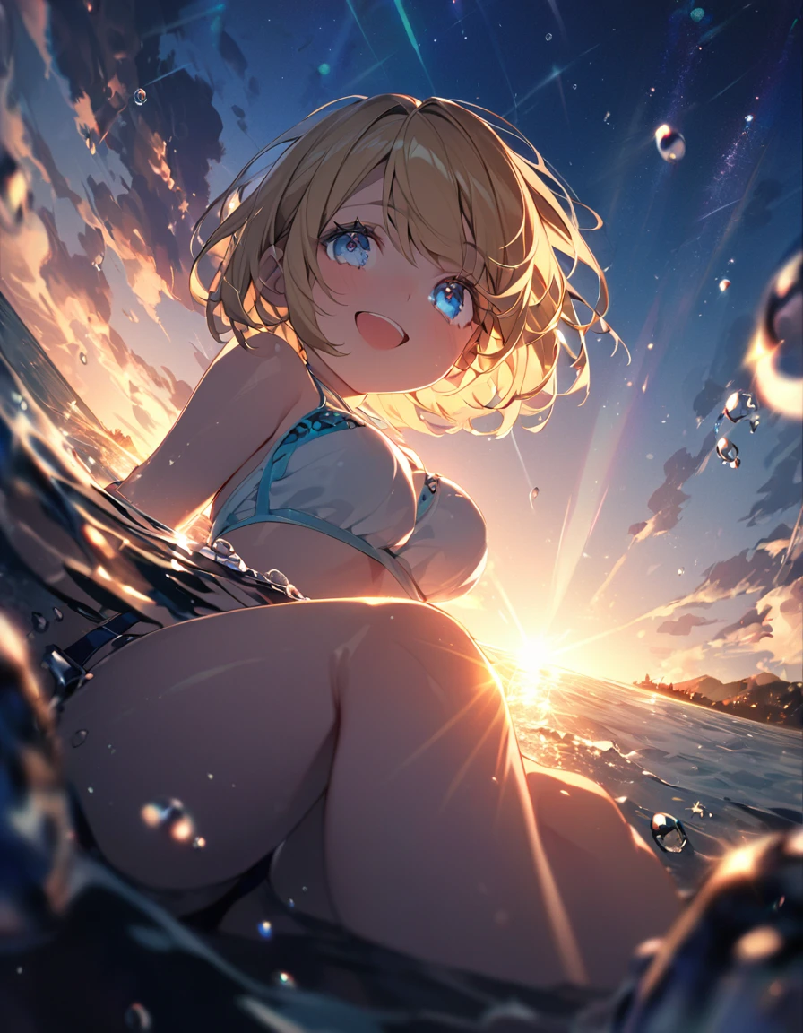 A cute girl in a swimsuit(original bikini swimsuit)(Small body) (:1.5), (blonde:1.5)(eyelash:1.2)(eye shadow:1.3) (Blue eyes:1.5), (Beautiful fine details:1.4) (Short Bob Hair:1.4), (Blue eyes)(Big Breasts:1.3) (White skin:1.2)Height: 130cm, original character, Fantasy, View Viewer Art: (A girl with beautiful deep eyes. The depth of field in the photo is perfect、Lens flares create a nice atmosphere. The details of her face really stand out, This photo definitely gets a 10 or more.. background, There is a beautiful sea with crystal clear water and water droplets floating on the surface. Laughing happily