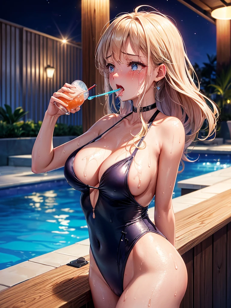 Highest quality,Highest Resolution,A crying beauty in a super high-cut swimsuit,Night Pool,Night view,Back view,up,Very beautiful eyes,(((Drink a drink))),(((Open your mouth and drool))),(((Sweat profusely)))Tears,Big Breasts,(((Ｔback)))