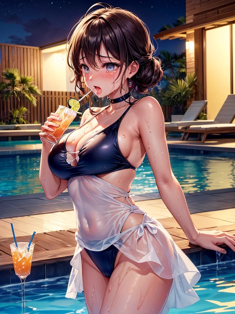Highest quality,Highest Resolution,A crying beauty in a super high-cut swimsuit,Night Pool,Night view,Back view,up,Very beautiful eyes,(((Drink a drink))),(((Open your mouth and drool))),(((Sweat profusely)))Tears,Big Breasts,(((Tback)))
