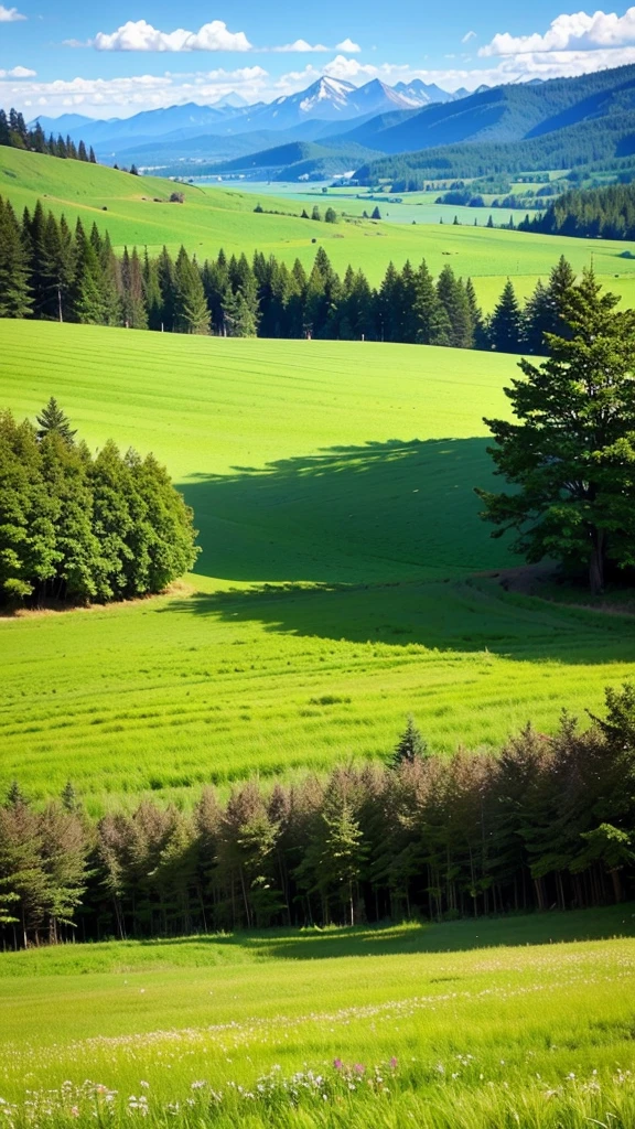 a breathtaking landscape, lush meadow, rolling hills, serene lake, majestic mountains, golden sunset, fluffy clouds, vibrant wildflowers, detailed foliage, natural lighting, photorealistic, cinematic composition, rich color palette, dramatic shadows and highlights, (best quality,4k,8k,highres,masterpiece:1.2),ultra-detailed,(realistic,photorealistic,photo-realistic:1.37),landscape