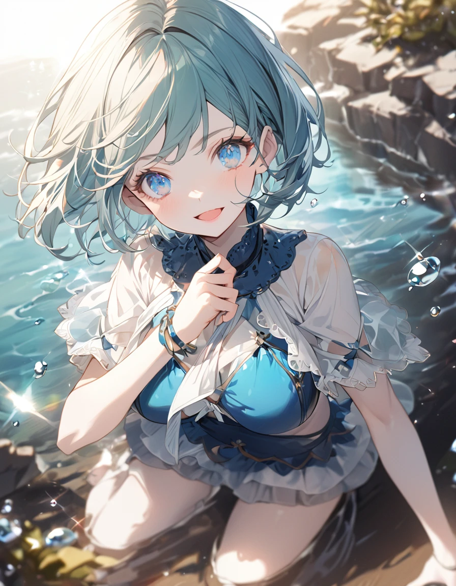A cute girl in a swimsuit（original bikini swimsuit）(Small body) (Little Girl:1.5), (blonde:1.5）(eyelash:1.2)(eye shadow:1.3) (Blue eyes:1.5), (Beautiful fine details:1.4) (Short Bob Hair:1.4), (Blue eyes)(Big Breasts:1.3) (White skin:1.2)Height: 130cm, original character, Fantasy, View Viewer Art： (A girl with beautiful deep eyes. The depth of field in the photo is perfect、Lens flares create a nice atmosphere. The details of her face really stand out, This photo definitely gets a 10 or more.. background, There is a beautiful sea with crystal clear water and water droplets floating on the surface.　Laughing happily
