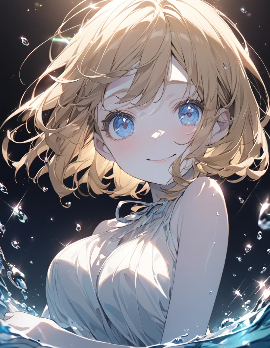 A cute girl in a swimsuit(original bikini swimsuit)(Small body) (:1.5), (blonde:1.5)(eyelash:1.2)(eye shadow:1.3) (Blue eyes:1.5), (Beautiful fine details:1.4) (Short Bob Hair:1.4), (Blue eyes)(Big Breasts:1.3) (White skin:1.2)Height: 130cm, original character, Fantasy, View Viewer Art: (A girl with beautiful deep eyes. The depth of field in the photo is perfect、Lens flares create a nice atmosphere. The details of her face really stand out, This photo definitely gets a 10 or more.. background, There is a beautiful sea with crystal clear water and water droplets floating on the surface. Laughing happily