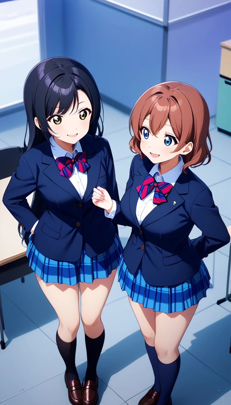 Multiple girls, 2girls,Two anime girls,love live! ,wearing otonokizaka ,winter uniforms, navy blue blazer,blue striped bow tie, blue pleated skirt, knee socks, loafers, smile,standing, talking each other,in school,from above, BREAK score_9, score_8_up, score_7_up, score_6_up, source_anime 