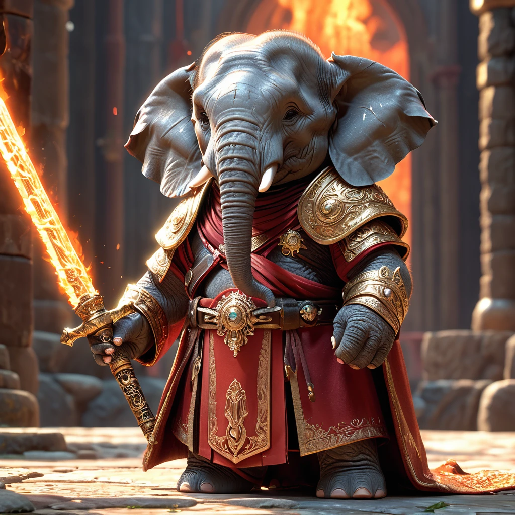 (Elephant battlepriest,whole body, magic circle,Carrying a flaming sword, priests robe), Dungeon Background, High resolution, masterpiece, Highest quality, Super detailed, Super detailed, Ultra-realistic,
Hong Kong Style, Cute and adorable close-ups, Cute big round reflective eyes, Long fuzzy fur, Pixar Rendering, unreal engine Cinematic smooth, Exquisite detail, Cinematic