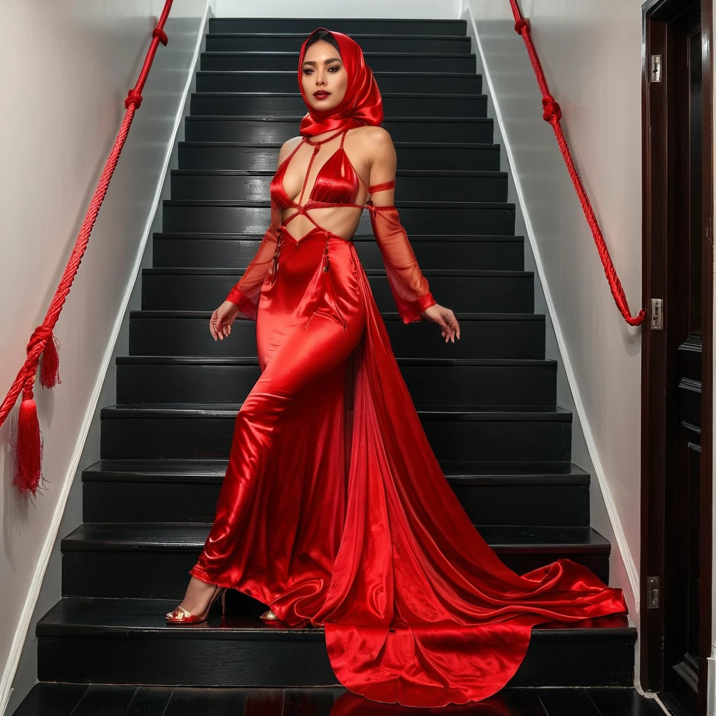 A woman in the translucent red night gown, half naked, nipple on, shibari,tied with red satin rope,wearing satin hijab, full body,mermaid tight long gown, flowy dramatic long gown,very long flor length gown, tall women, walk in down stair, Strugle to walk, 
 sexy face, sexy pose, wear high heels, masterpice, ultrarealistic