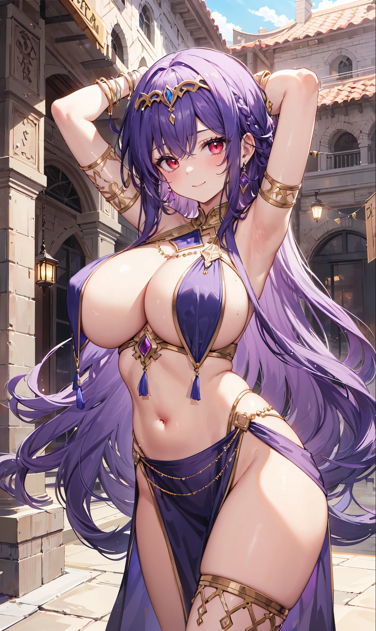 high quality, ultra detailed, best quality, insanely detailed, beautiful, masterpiece, 1girl, medieval plaza, cowboy shot, red eyes, long hair, purple hair, belly dancer, circlet, earrings, armlets, bracelets, bashful smile, large breasts, cleavage, soft stomach