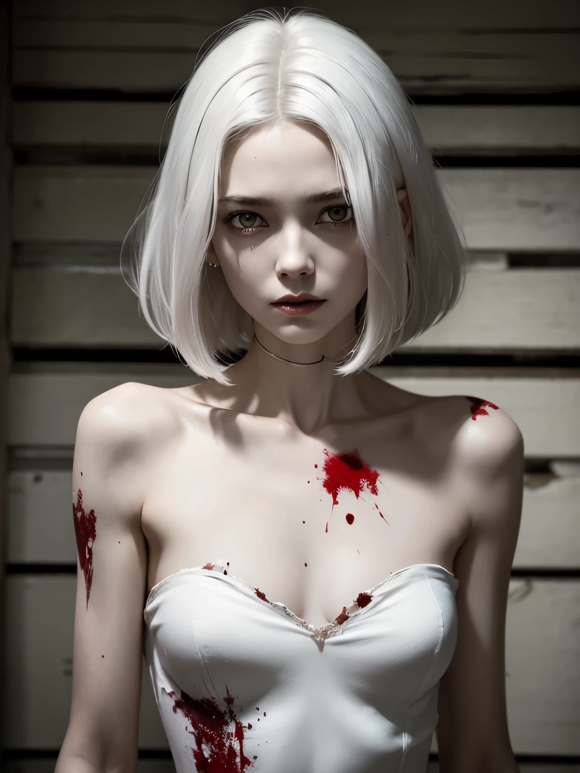corpse, sinister, female, thin, pale, looking at the camera, ultra realistic, fully detailed, cemetery environment, bright eyes, white dress torn and stained with blood, bones exposed, putrid wounds, sensual, terrifying, bruised by the body, exposed fracture in the collarbone, slight smile, super detailed, white eyes,gun shots in the body, short white hair,