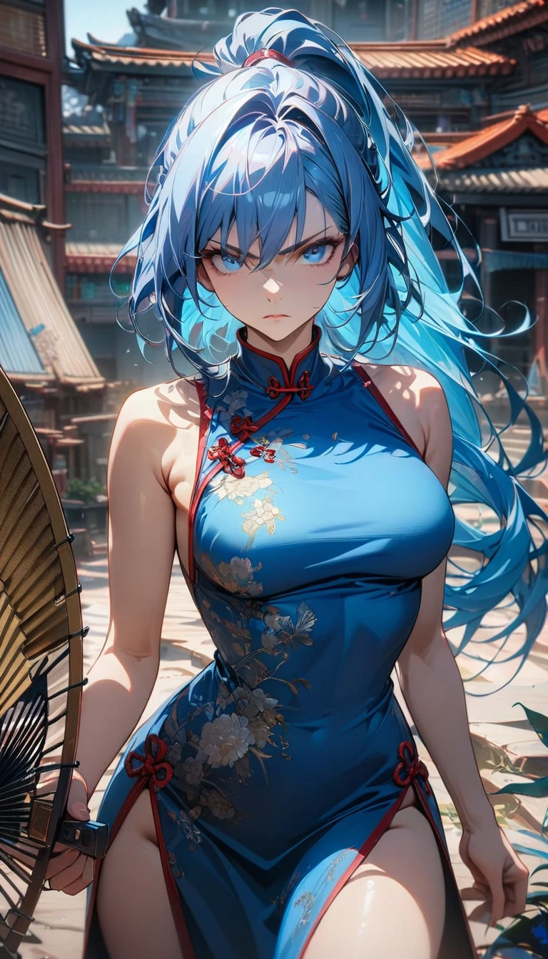 Adult female, long blue hair, high ponytail, blue eyes, Blue Chinese Dress, holden elements, sleeveless, open breasts, fan, serious, Masterpiece, best quality, Full HD, 8k, ultra details, great graphic