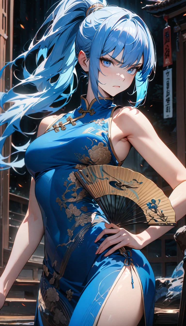 Adult female, long blue hair, high ponytail, blue eyes, Blue Chinese Dress, holden elements, sleeveless, open breasts, fan, serious, Masterpiece, best quality, Full HD, 8k, ultra details, great graphic