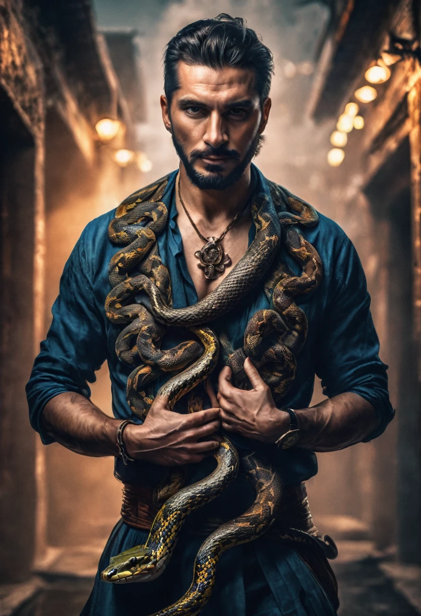 A MAN WITH SNAKE GOING THROUGH HIS CHEST dark: epic realistic, soft cinematic portrait, adobe lightroom, photo lab, highly detailed, faded, (neutral colors: 1.2), (hdr: 1.4), (soft colors: 1.2) ), hyper-detailed, (artstation:1.4), cinematic, warm lights, dramatic light, (intricate details:1.1), complex background, (rutkowski:0.66), (blue and orange:0.4)