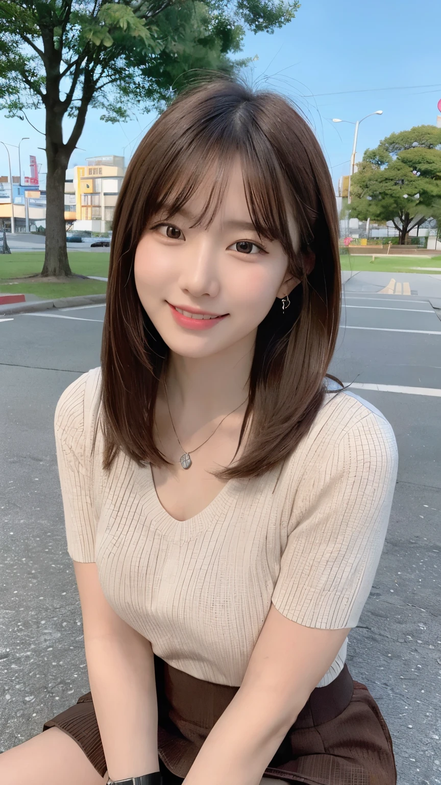 (8k, RAW photo, best quality, masterpiece:1.2), (realistic, photo-realistic:1.4), (extremely detailed 8k wallpaper),
professional lighting,
sharp focus, depth of field, blur background, bokeh, wide shot,
full body, 
Japanese high school girl, slender,
on the grass, sitting,
park, dating,
Daytime,
brown long long hair, messy hair,
pink sweater, Mini skirt,  
watch, Piercing, bangle, necklace, ring,
laugh,
