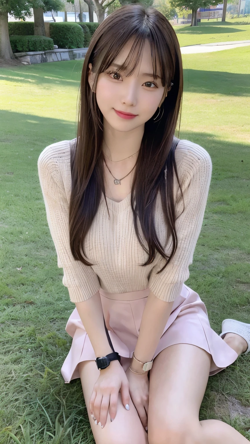 (8k, RAW photo, best quality, masterpiece:1.2), (realistic, photo-realistic:1.4), (extremely detailed 8k wallpaper),
professional lighting,
sharp focus, depth of field, blur background, bokeh, wide shot,
full body,
Japanese high school girl, slender,
on the grass, sitting,
park, dating,
Daytime,
brown long long hair, messy hair,
pink sweater, Mini skirt,
watch, Piercing, bangle, necklace, ring,
laugh,