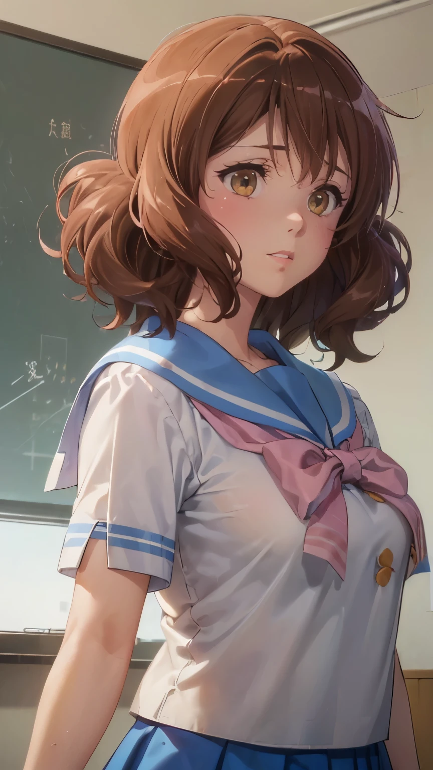 (((Masterpiece))), (超High resolution), (独奏:1.3), Sharp Focus,detailed, High resolution,Anatomically correct,Fascinating face、(Kumiko Oumae)、Brown Hair、Medium Hair、classroom、(Feeling embarrassed))、(blush:1.4)、Sailor suit、high school girl、Light blue skirt、Big Breasts、(Upper body close-up:1.3)