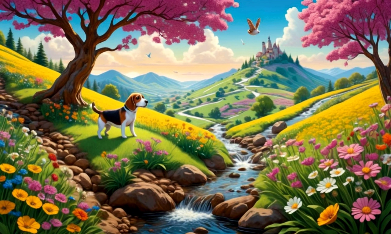 Create a scene of her and a beagle crossing a stream, climbing a hill and walking through a flower field, accompanied by an owl in a tree and a rabbit in front.