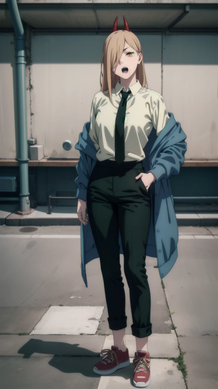 (Full body shot:1.3), standing, White background, Upright stance,ultra realistic 8k cg, masterpiece, (highly detailed, fine details), best quality, 1girl, (photorealistic:1.4),beautiful lighting, absurdres, RAW photo, film grain, csm anime style, 1girl, horns, solo, teeth, sharp teeth, open mouth, long hair, hair over one eye, demon horns, yellow eyes, hood, blonde hair, anime coloring, red horns, jacket, black pants, power (chainsawman), cross-shaped pupils, horns, white shirt, pants, collared shirt, black necktie, blue jacket,