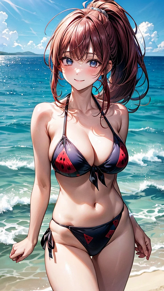 ((Highest quality, High resolution, masterpiece, detailed)),
Cowboy Shot, Written boundary depth, View your viewers, Anatomically correct, 1people々, woman, Perfect Face, Cute and symmetrical face, Shiny skin,
(Ponytail Hair, Redhead), blue eyes, (Large Breasts:1.2),
Beautiful details, Beautiful Hair, Beautiful Face, Beautiful clavicle, Beautiful body, Beautiful breasts, Beautiful thighs, Beautiful legs,
(Watermelon skin pattern bikini),
(Beautiful views), evening, summer, Ocean, Sandy Beach, (Cute Smile),
