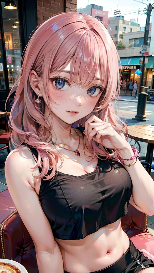 (Masterpiece, BestQuality:1.3), (ultra detailed:1.2), (hyperrealistic:1.3), (RAW photo:1.2), High detail RAW color photo, professional photograph, (Photorealistic:1.4), (realistic:1.4), professional lighting, perfect anatomy, (Big Breasts:1.2), (blush, detailed face), (cheerful Smile:1.5), (Pink Hair:1.5), Trending Hair&Trending Hairカラーをランダムに, earrings, necklace, bracelet, sexly, erotic sexly, Random sexy gravure poses, (At a cafe terrace in the downtown area、Sexy beauty in a black crop top and mini skirt。Put your elbow on the table、Smiling sensually at the camera。The necklace on the chest is attractive.。: 1.3)