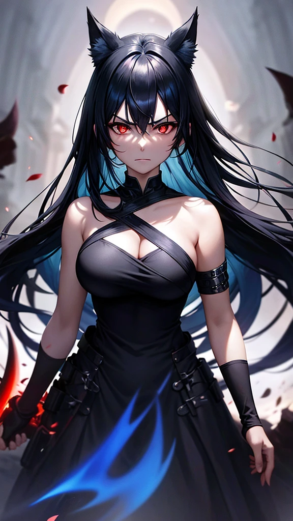 An adult woman, half wolf, black and blue hair, black ears, shining red eyes, wearing a black and blue dress, very angry, wide breasts, holding a sword, background Eclipse
