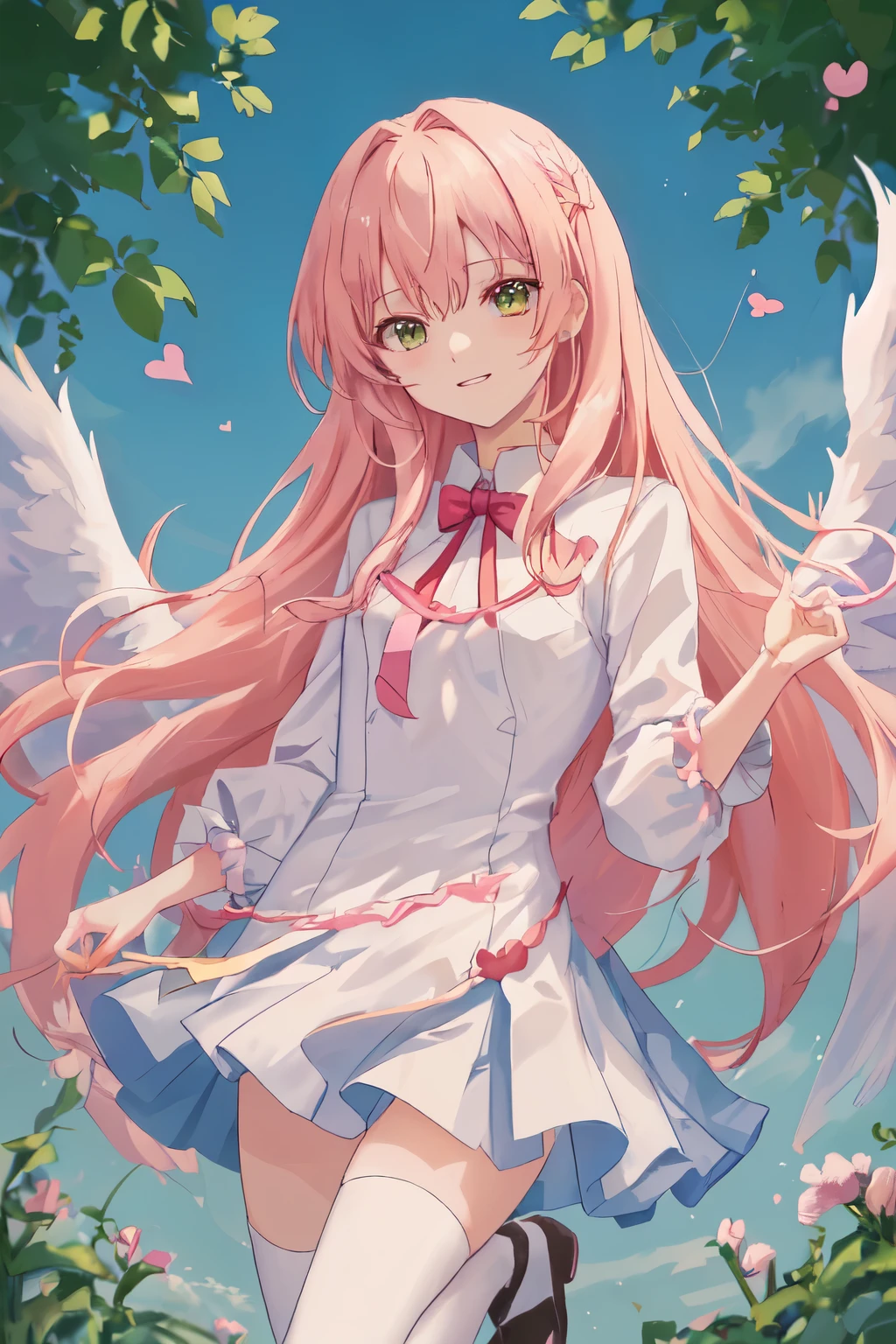 1_girl, (anime, kawai:2), (masterpeice, best_quality, clean:1.5), (sky_background:1.2), (cute, cute_smile, wholesome, young:1.8), (delicate, extremely_delicate, beautiful, thin:1.5), (girlfriend, angel:1.8), (green_eyes, simple_eyes:1.8) (long_hair, blond_hair, wearing_pink_dress, pink_angel_wings:1.5), extremely_delicate, (love_magic:1.5), (age_size_fits_body), (small_thighs:1.3), (breasts), (eye_level:1.3), (heart_magic, love:1.5), (folded_legs:1.5), (combat:1.2)