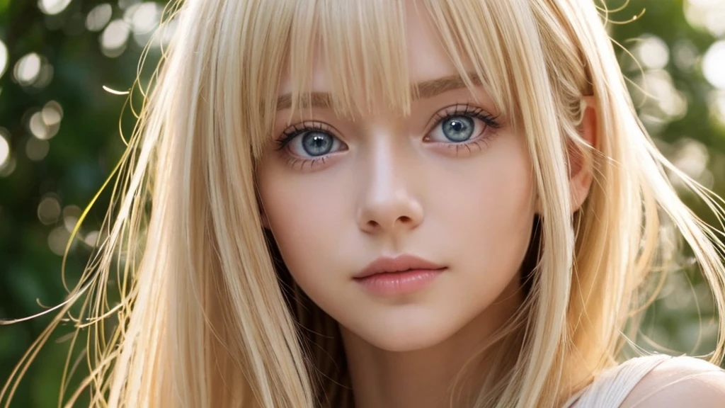 Beautiful Scandinavian girl with bright blonde hair. She plays the piano. Sexy very beautiful glowing cute face, beautiful glowing skin, dazzling reflective mysterious blonde light, beautiful, cute and sexy, shining pale bright sky blue big eyes, very big eyes, beautiful shining super long silky blonde hair, swept bangs in front of eyes, sexy 16 Cute and beautiful old girl, blonde hair above her eyes, blonde between her eyes, highlights on her cheeks, small face beauty