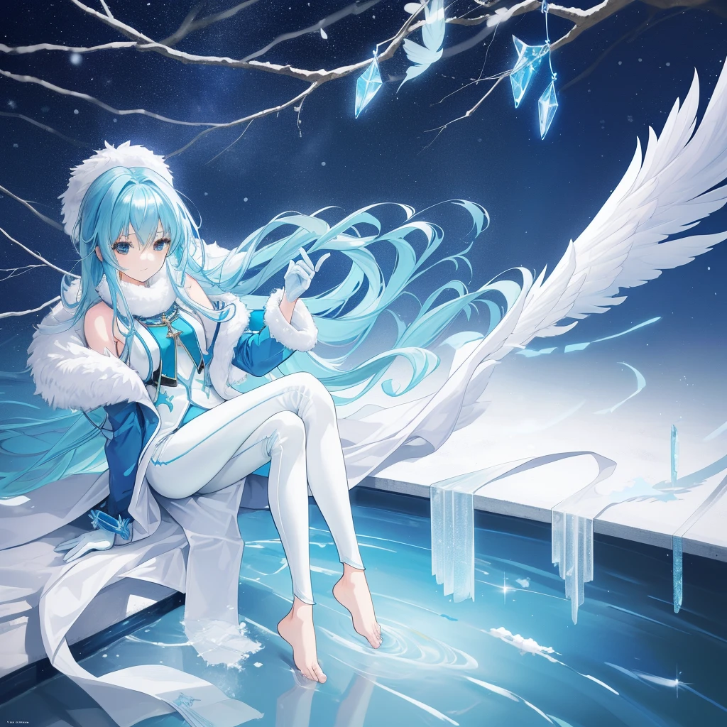 ((A long shot)) of a long aqua-haired anime teen girl, (sitting near a river), cinematic light, slim body, skin is perfectly healthy, soft, and smooth, Extremely delicate and beautiful CG illustration, best quality, high resolution, dynamic angle, full-length lens, (1 girl), floating, soft light, high-key lighting), glowing light, blue halo, feathers fluttering background, blue crystal, ((very cinematic)), ((wearing a blue winter coat with fur and white thigh pants)), (wearing white gloves), barefoot