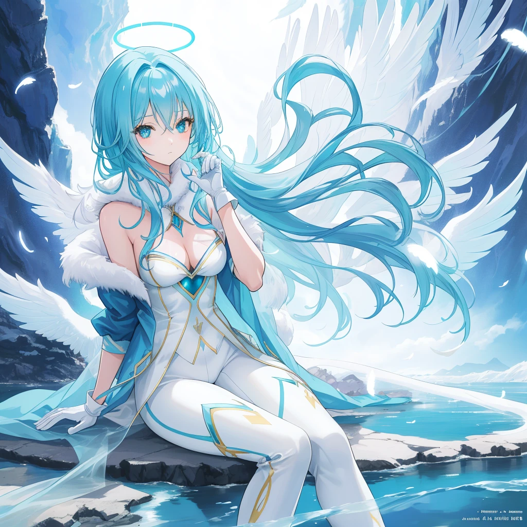 ((A long shot)) of a long aqua-haired anime teen girl, (sitting near a river), cinematic light, slim body, skin is perfectly healthy, soft, and smooth, Extremely delicate and beautiful CG illustration, best quality, high resolution, dynamic angle, full-length lens, (1 girl), floating, soft light, high-key lighting), glowing light, blue halo, feathers fluttering background, blue crystal, ((very cinematic)), ((wearing a blue winter coat with fur and white thigh pants)), (wearing white gloves), barefoot
