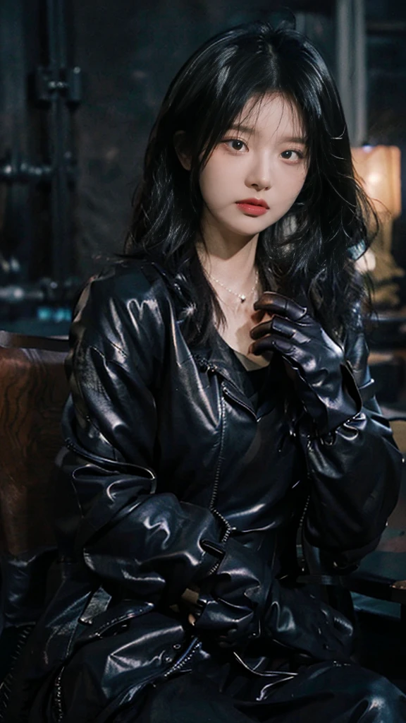 Upper body covered with black leather gloves up to the fingertips in both hands, black leather double riders jacket, slender necklace, young and cute Japanese girl with beautiful black hair, sitting on a black leather chair facing the desk in the president's room at night, sitting on a cheek stick, big breasts, open jacket, white sexy simple bra, 4k, masterpiece 