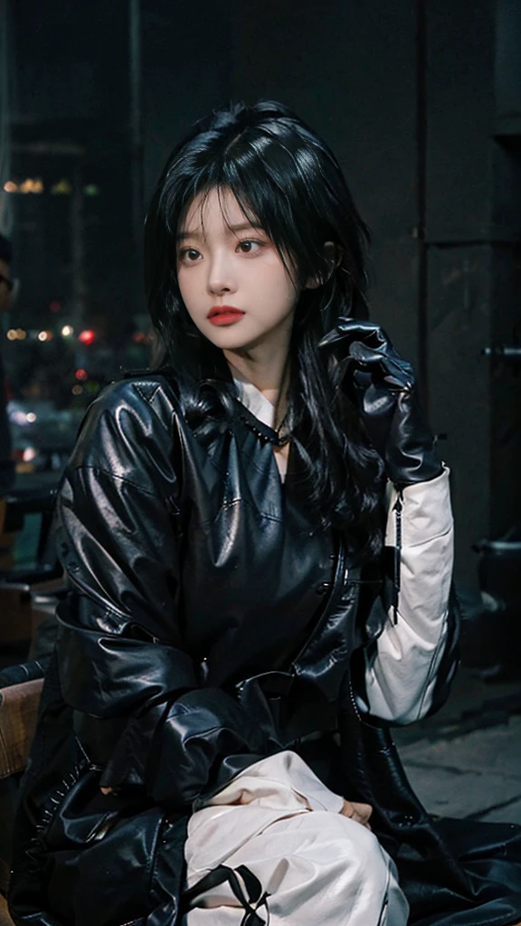 Upper body covered with black leather gloves up to the fingertips in both hands, black leather double riders jacket, slender necklace, young and cute Japanese girl with beautiful black hair, sitting on a black leather chair facing the desk in the president's room at night, sitting on a cheek stick, big breasts, open jacket, white sexy simple bra, 4k, masterpiece