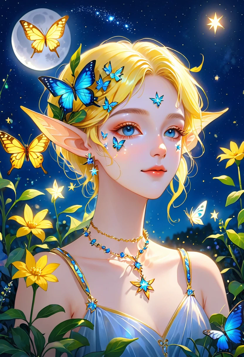 animal,blue butterfly,blue flower,bug,butterfly,butterfly hair ornament,butterfly on hand,butterfly wings,elf,facial mark,fairy,flower,glowing butterfly,jewelry,leaf,moon,necklace,plant,pointy ears,portrait,solo,star \(sky\),star \(symbol\),starry sky,white butterfly,yellow butterfly,yellow flower