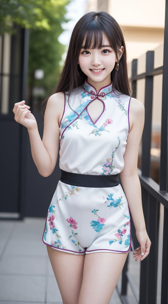 masutepiece, Best Quality, 8K, 18year old, Raw photo, (Cute smile), Solo, Cute face like an idol, Delicate girl, full body Esbian, Thigh close-up、Digital SLR, Looking at Viewer, Candid, Sophisticated,Hide your arms behind your back, Professional Lighting, Film grain, chromatic abberation, (Eyes and faces with detailed:1.0), (Bokeh:1.1) , (Cute childish face、with round face、Cute cheongsam with a short length、I can see panties.、Clothes with emphasized chest bulge:1.3)