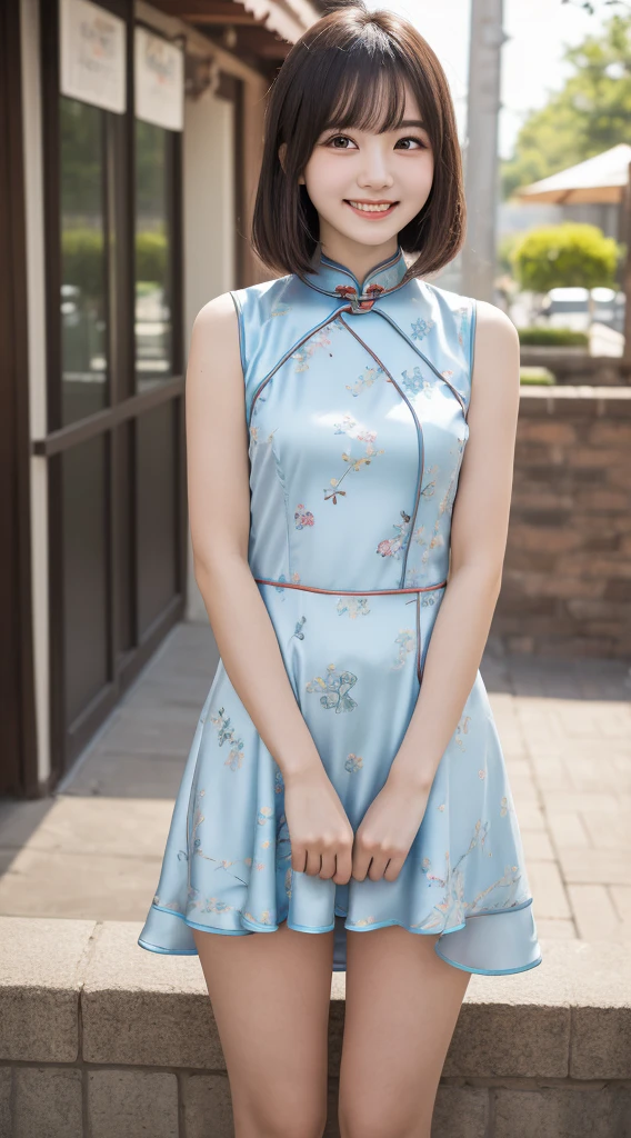 masutepiece, Best Quality, 8K, 18year old, Raw photo, (Cute smile), Solo, Cute face like an idol, Delicate girl, full body Esbian, Thigh close-up、Digital SLR, Looking at Viewer, Candid, Sophisticated,Hide your arms behind your back, Professional Lighting, Film grain, chromatic abberation, (Eyes and faces with detailed:1.0), (Bokeh:1.1) , (Cute childish face、with round face、Cute cheongsam with a short length、I can see panties.、Clothes with emphasized chest bulge:1.3)