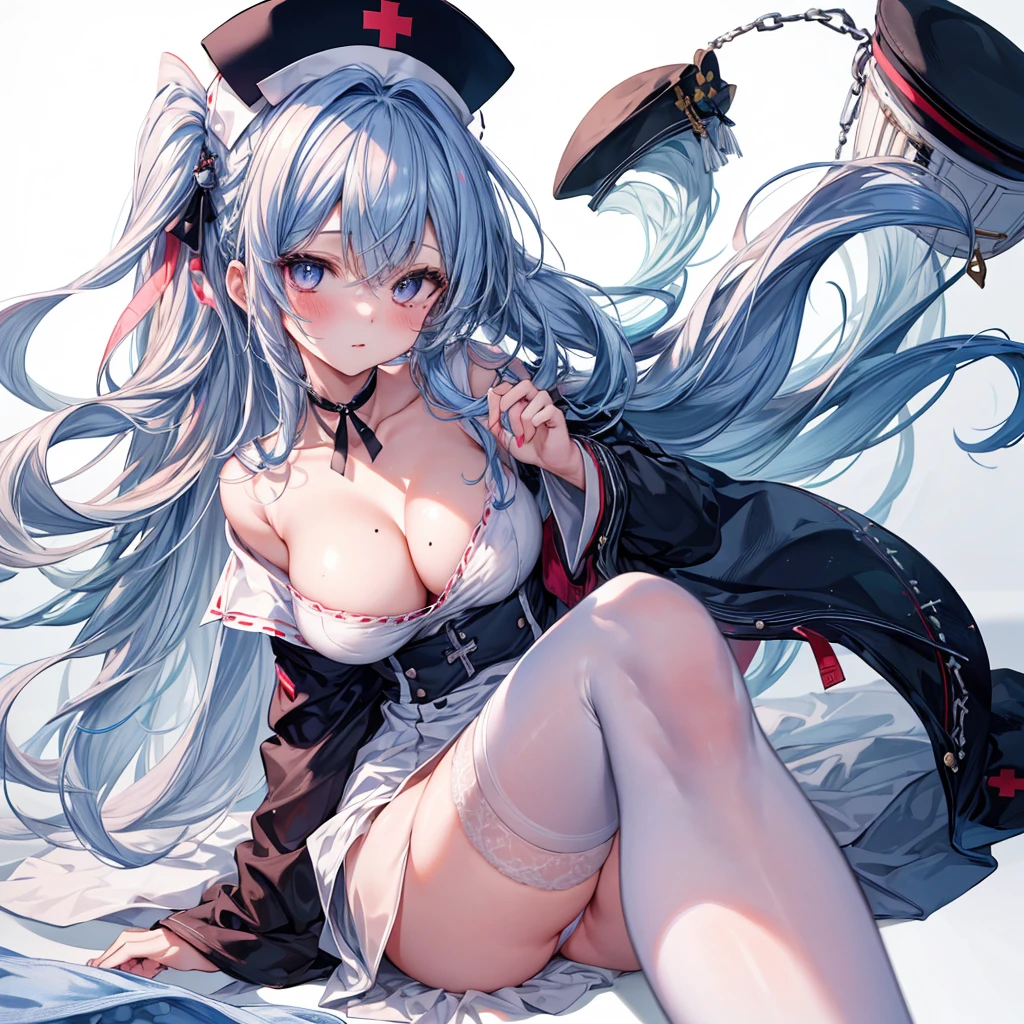 ((Highest quality)), ((masterpiece)), ((detailed)), (4K), 1girl, breasts, 独奏, nurse, nurse cap, cleavage, hat, large breasts, thighhighs, mole, blush, long hair, mole under eye, looking at viewer, white background, white thighhighs, blue hair, collarbone