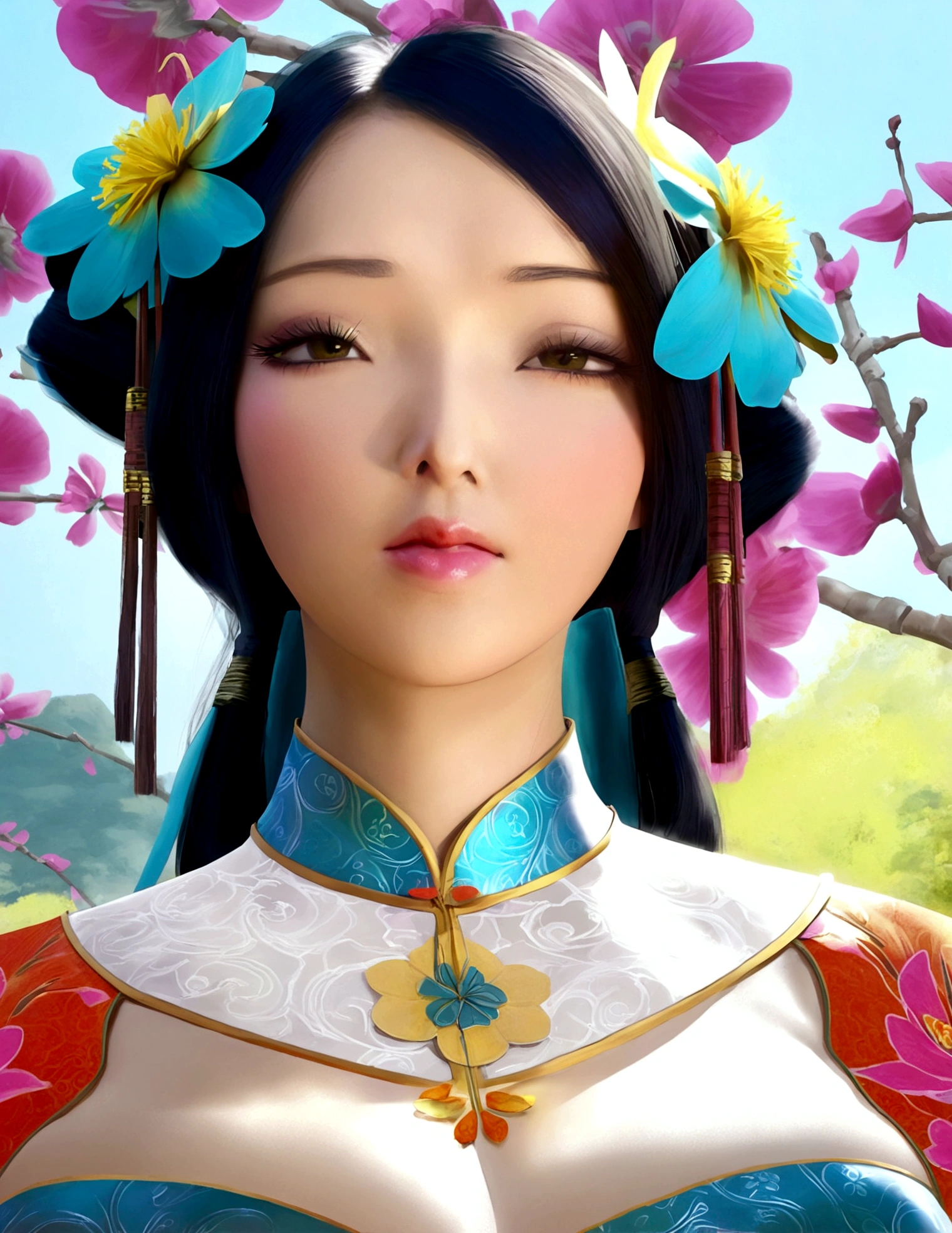 a cute woman, ornate asian dress, split up the thighs, powder white body make up, asian style face makeup, aloof, checking her flower garden, detailed eyes, detailed lips, extremely detailed face, long eyelashes, 1girl, digital illustration, oil painting, 8k, high quality, hyper detailed, photorealistic, studio lighting, physically based rendering, vivid colors, vibrant colors, elegant, refined, graceful, serene, tranquil, peaceful, portrait, asian inspired
