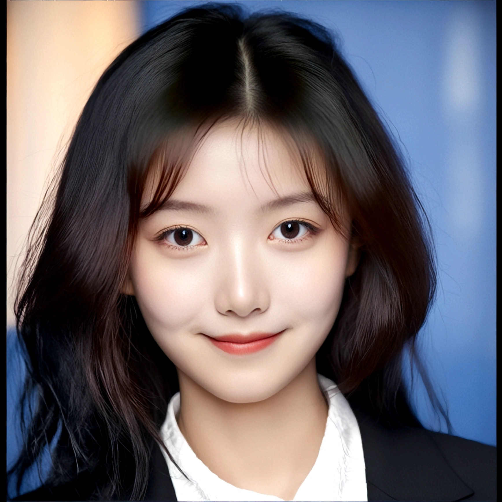 1girl, solo, looking at viewer, smile, black hair, closed mouth, female focus, black eyes, lips, portrait, realistic