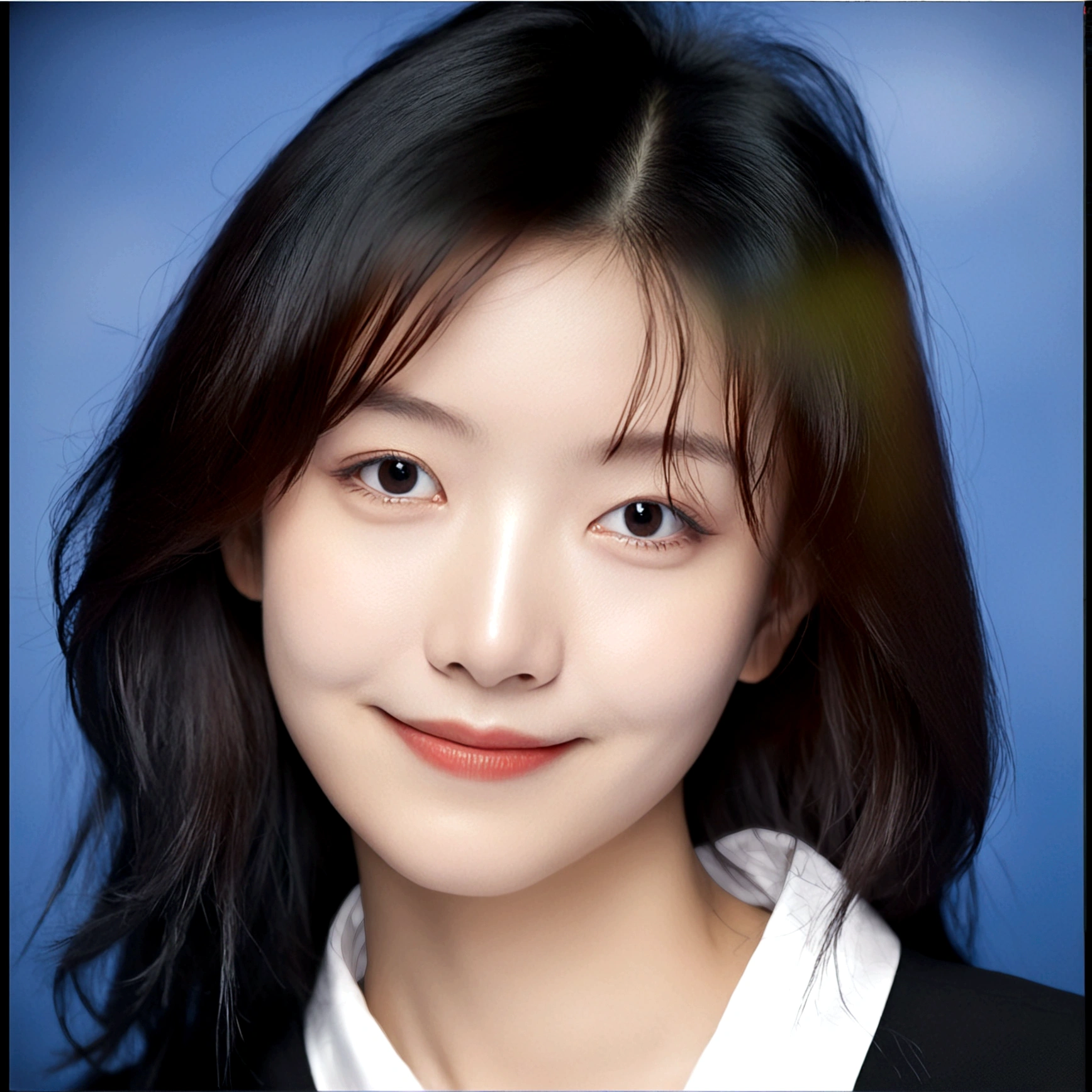 1girl, solo, looking at viewer, smile, black hair, closed mouth, female focus, black eyes, lips, portrait, realistic
