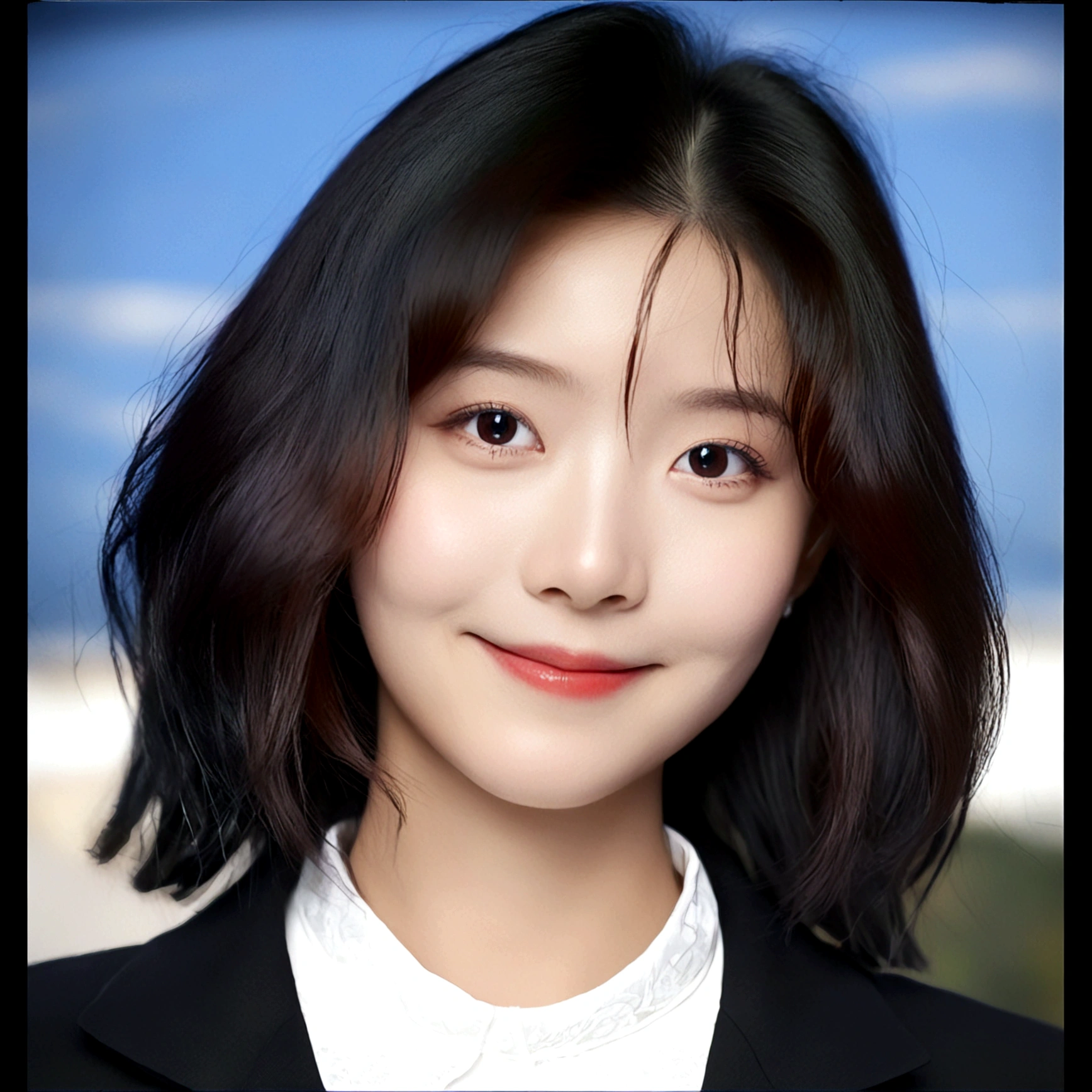 1girl, solo, looking at viewer, smile, black hair, closed mouth, female focus, black eyes, lips, portrait, realistic