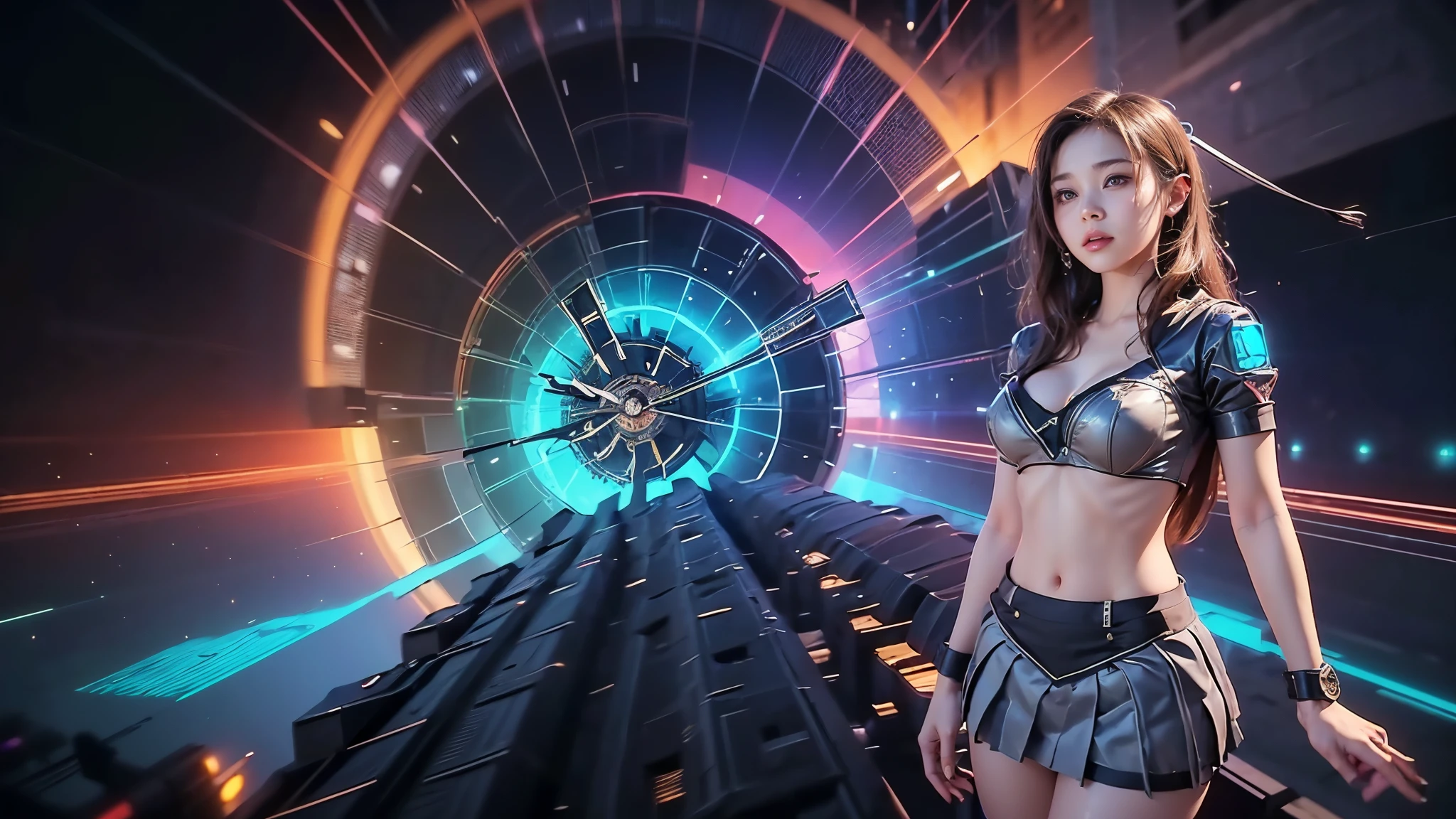 At night, (((aerial view of futuristic sci-fi cyberpunk city, skyscrapers, (((flying cars))), (vortex-spirit-spreading giant ghost hologram (((clock tower))) as time machine), high quality))). Matrix style, (1girl, solo), photo realistic, (((large-breast:1.2 slim body, cleavage:1.3, perfect face, tube top, short pleated (((miniskirt)))))), (((((matrix style black (sunglasses), aiming at viewer with a (mini rifle):0.3))))), (((dynamic pose, half-body (thigh level) medium shot))), cinematic lighting.