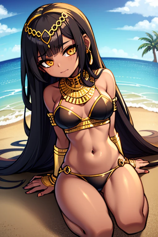 best quality, 1girl adult, egyptian girl, dark tan skin, dark brown hair, medium hair, straight hair, brown eyes, extra big overflowing breasts, ancient egyptian bikini