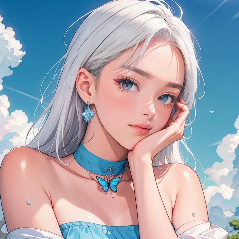 1 ,Blue Pupil,toenails,hand on own face,White hair,sky blue eyes,(blush:1.1),choker,blue sky,lesbian full body，shivering,sweat,Gotas de sweat,dream magical,(speed line:1.1),medium breasts, ((rough breathing:1.3)), cure, butterfly earrings, top cut, pleasure, loud and cold，high quality 4k